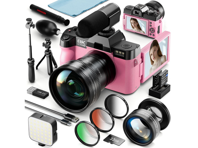 8K 64MP Digital Cameras for Photography,16X Zoom,3 Color Filters (Pink) 180°Flip ScreenWiFi,Microphone, Tripod, Wide & Macro Lens Kit,2 Batteries,...