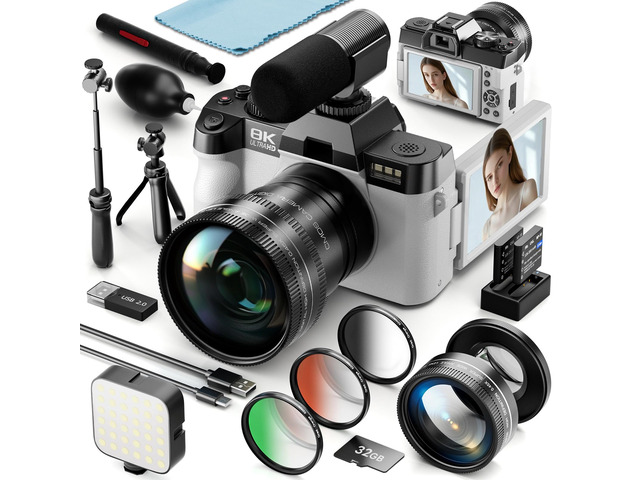 8K 64MP Digital Cameras for Photography,16X Zoom,3 Color Filters (White) 180°Flip ScreenWiFi,Microphone, Tripod, Wide & Macro Lens Kit,2 Batteries,...