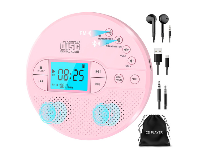 Portable Pink Bluetooth CD Player with FM Transmitter & Headphones 2000mAh Rechargeable with Anti-Skip, Supports CD/MP3, USB/AUX Output, CD Player...
