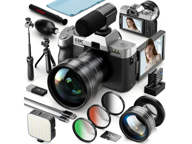 8K 64MP Digital Cameras for Photography,16X Zoom,3 Color Filters (Silver) 180°Flip ScreenWiFi,Microphone, Tripod, Wide & Macro Lens Kit,2...