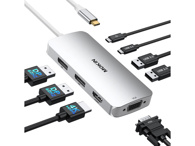 USB C Docking Station Dual DisplayPort, 8 in 1 USB Hub with 2 DP, HDMI, VGA, USB C 2.0, A 2.0, PD Charging Port, Multi Monitor Adapter for Dell/HP...