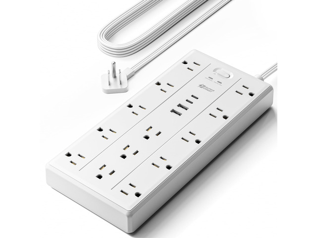 6Ft Extension Cord with Multiple Outlets, Flat Plug Power Strip 2100J, 13AC 2 USB C 2 USB A Charging Ports, Surge Protector, Desk Charging Station,...