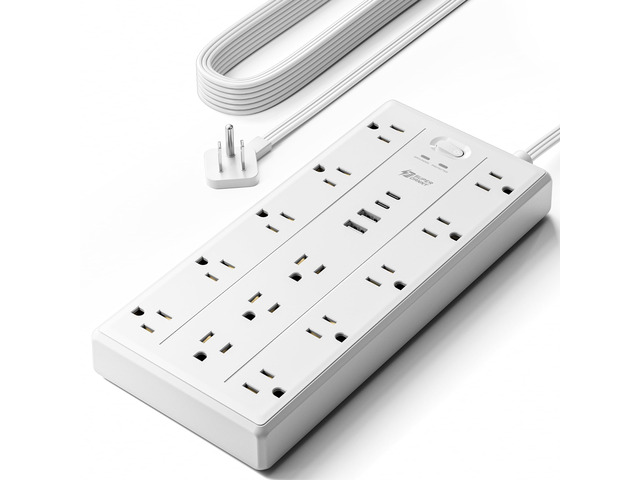 10Ft Extension Cord with Multiple Outlets, Flat Plug Power Strip 2100J, 13AC 2 USB C 2 USB A Charging Ports, Surge Protector, Desk Charging...