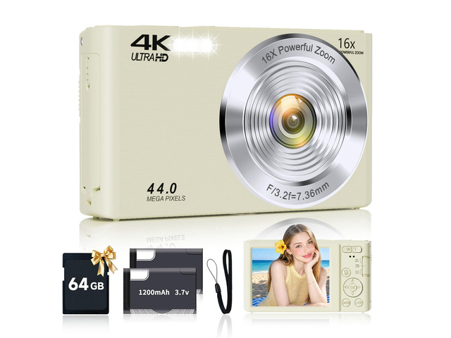 Digital Camera for Teens, 4K 44MP FHD 16x Zoom Point Shoot Camera 64GB Card Autofocus, Fill Light, Webcam Mode, Continuous Shooting, Time-Lapse,...