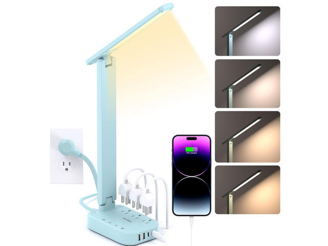 LED Desk Lamp, Power Strip with 4 USB 3 Outlets, Dorm Room Essentials, Blue 4 Modes 5 Level Brightness Touch Lamp, Small Desk Lamp for Home Office...