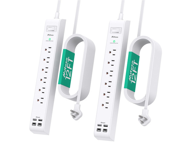 2 Pack Long Extension Cord, 12FT Power Strip Surge Protector with 6 Outlets and 4 USB Ports (2 USB C), Extension Cord with Multiple Outlets, Flat...