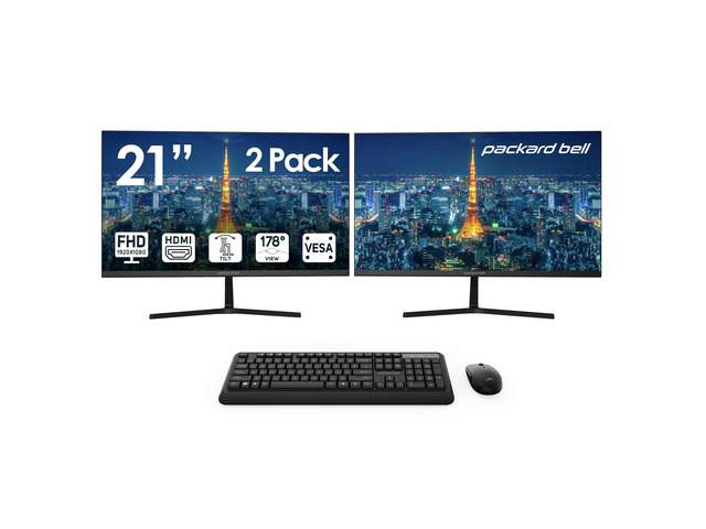 airFrame 21' FHD Monitors + Wireless Keyboard & Mouse, VESA Mount Compatible, HDMI/VGA, Tilt, Slim Bezel, for Home, Office, Light Gaming 2 Pack