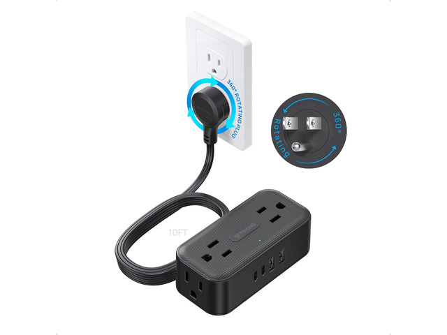 360° Rotating Flat Plug Power Strip 10ft, 4 Widely AC Outlets, Black Flat Extension Cord 4 USB Ports (2 USB C), 10A/1250W, Wall Mount, 900J Surge...