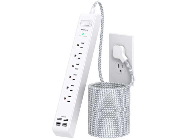 Surge Protector Power Strip 25FT, 10-in-1 with 6 AC Outlets 4 USB Ports(2 USB-C), Ultra Flat Plug Braided Extension Cord, Wall Mountable, 1080J...