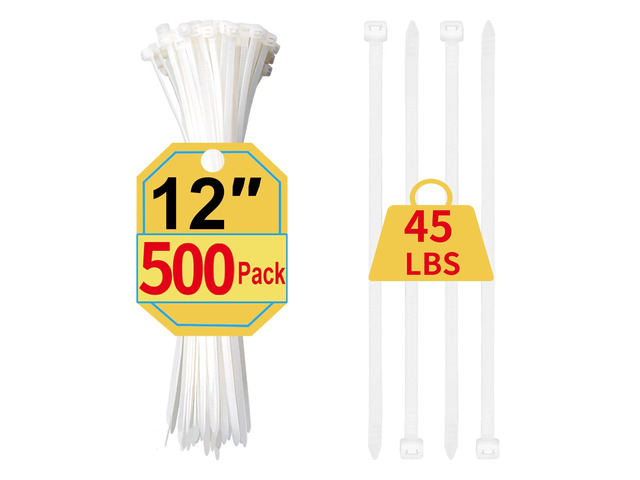Zip Ties 12 Inch, 500 Pack, White Cable Ties for Multi-Purpose, Nylon/Plastic Wire Ties for Home Improvement, Office & Outdoor Use (Clear-Colored...