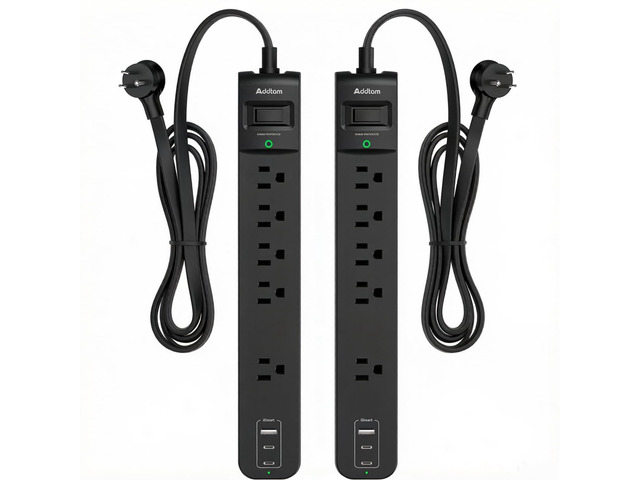 2 Pack Power Strip Surge Protector 5 Wide Spaced Outlets 3 USB 2 USB-C Charging Ports, 1875W/15A, 10ft Extension Cord, Flat Plug, 1080J Surge...