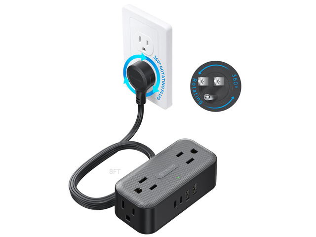 360° Rotating Flat Plug Power Strip 8ft, 4 Widely AC Outlets, Black Flat Extension Cord 4 USB Ports (2 USB C), 10A/1250W, Wall Mount, 900J Surge...