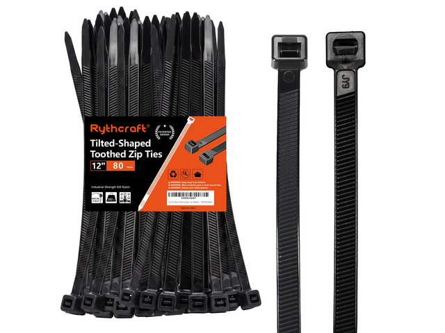 12' Cable Zip Ties Heavy Duty, 200 LBS Test Tilted Tooth, 80 Pack Tilted Tooth Double Sided Wire Tie,Industrial...
