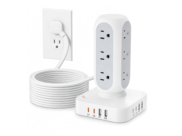 160W Fast Charging Station, Flat Plug Power Strip Tower, 10FT 12 AC Outlets & 8 USB Ports (2 PD USB-C Ports), Compatible for MacBook Pro, iPhone...
