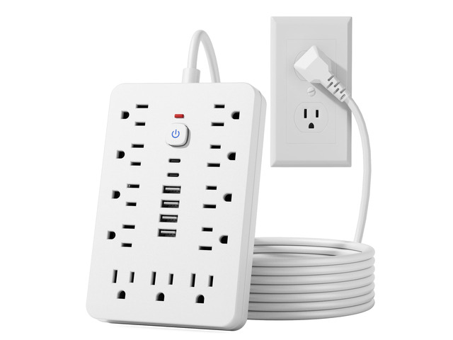 15 FT Flat Plug Surge Protector Power Strip,11 AC Outlets with 6 USB Ports 15 Feet Extension Cord with 11 Multiple Outlets & 6 USB Ports (2 USB...