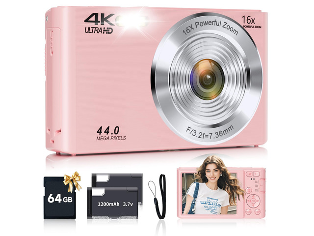 Digital Camera, FHD 4K Autofocus Digital Camera Pink with 64GB SD Card 16X Zoom, 2026 Upgraded Compact Cameras for Photography Point and Shoot...