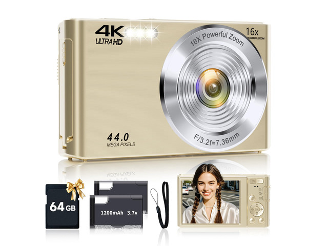 Digital Camera, 2026 FHD 4K Autofocus Digital Camera with 64GB SD Card 16X Digital Zoom, Gold Cameras for Photography Portable Compact Point and...
