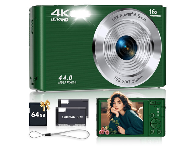 Digital Camera, FHD 4K Autofocus Compact Digital Cameras for Teens, Green Point and Shoot Camera for Kids with 16X Zoom, 64GB SD Card, 2026...