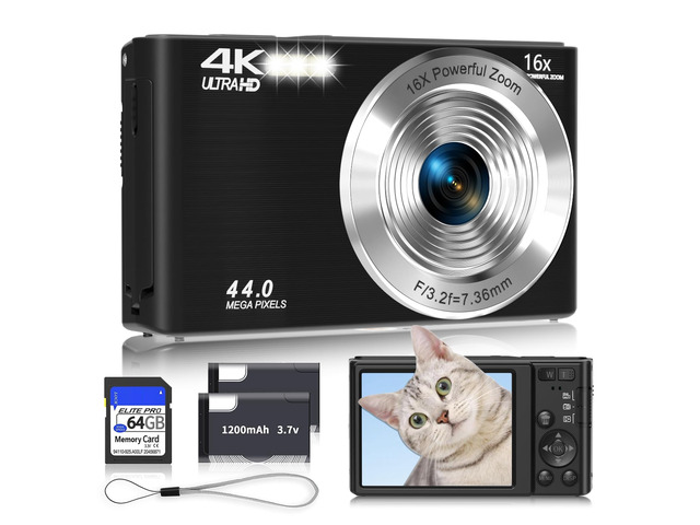 Digital Camera 4K, 2026 Upgrade Black Cameras for Teens, Autofocus Digital Point and Shoot Camera for Kids with 16X Zoom, 64GB SD Card, Compact...