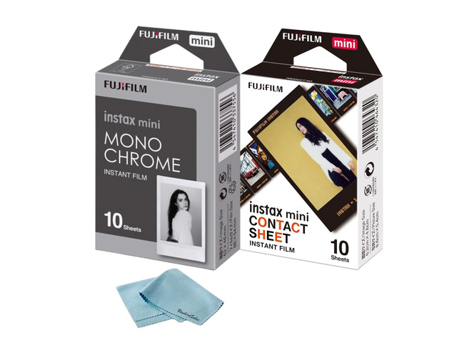 Instax Mini Contact Instant Film 10 Sheets + Mono Chrome 10 Sheets + BluebirdSales Microfiber Cleaning Cloth Creative Photography Bundle (Mini...