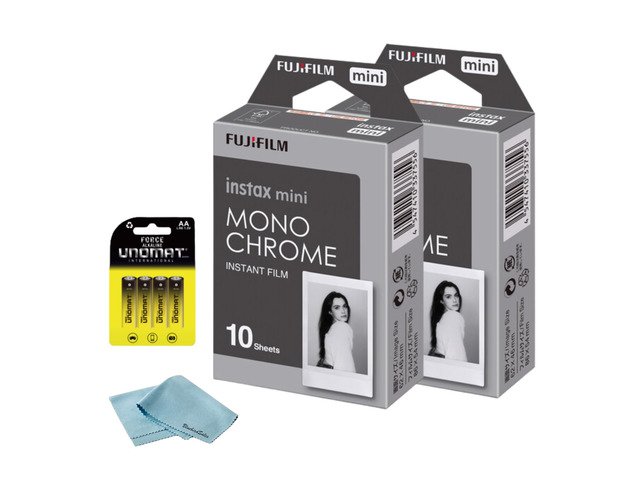 Instax Mini Monochrome Instant Film (20 Shots) + 4 AA Batteries + BluebirdSales Microfiber Cleaning Cloth Creative Photography Bundle (20 Shots...