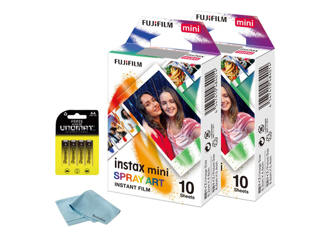 Instax Mini Spray Art Instant Film (20 Shots) + 4 AA Batteries + BluebirdSales Microfiber Cleaning Cloth Creative Photography Bundle