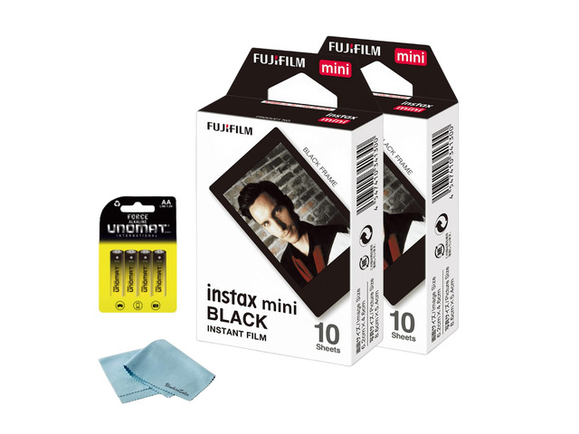 Instax Mini Black Instant Film (20 Shots) + 4 AA Batteries + BluebirdSales Microfiber Cleaning Cloth Creative Photography Bundle (20 Sheets Black...