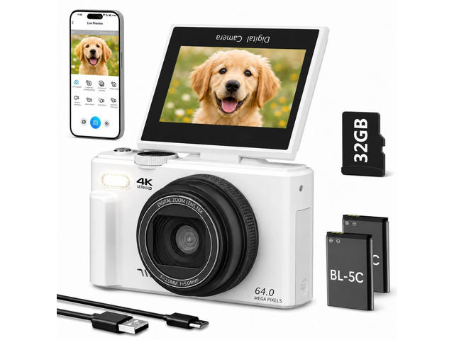 4K Digital Camera for Photography, 64MP Vlogging Camera for YouTube (White) Point and Shoot Camera with WiFi Sharing, 18X Digital Zoom, 3' 180°...