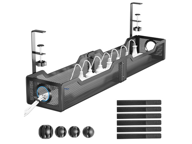 [Upgraded] 25' Extra Large Under Desk Cable Management, Wire Organizers No Drill, Cable Tray with Clamp for Wire Management, Cord Organization Box...