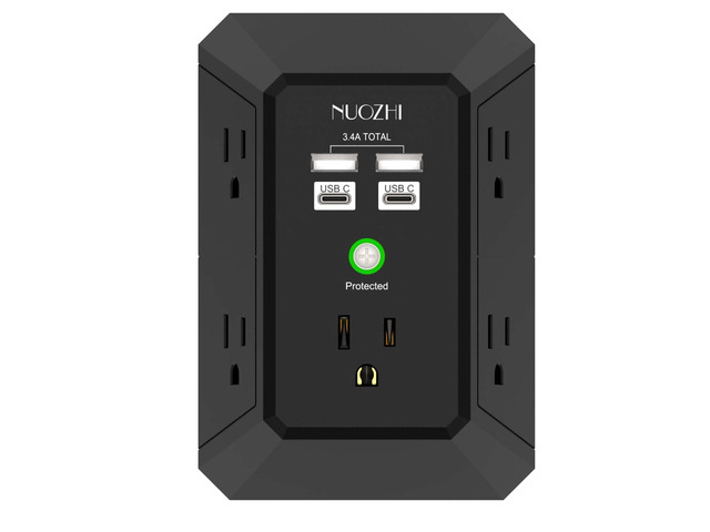 Wall Charger, Surge Protector, 5 Outlet Extender with 4 USB Charging Ports(2USB-C), 3-Sided 1680J Power Strip Multi Plug Adapter Spaced for Home...