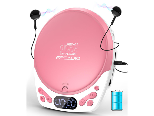 Rechargeable Pink CD Player for Car & Home, Portable CD Player with Headphones, CD Players with 60s Anti-Skip, Supports CD/MP3/WMA/TF Card/AUX...