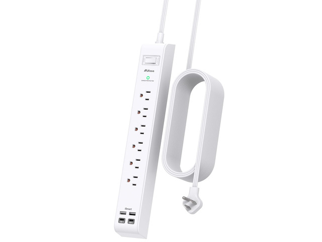 Long Power Strip Flat Plug Extension Cord, 10-in-1 with 6 AC Outlets 4 USB Ports(2 USB-C), Ultra Flat Plug Braided Extension Cord, Wall Mountable,...