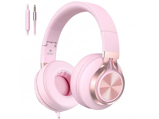 Wired Over-Ear Headphones Pink with Mic for School Work, 3.5mm Jack Corded Passive Noise Isolating Stereo Headphones with Volume Control, Comfort...