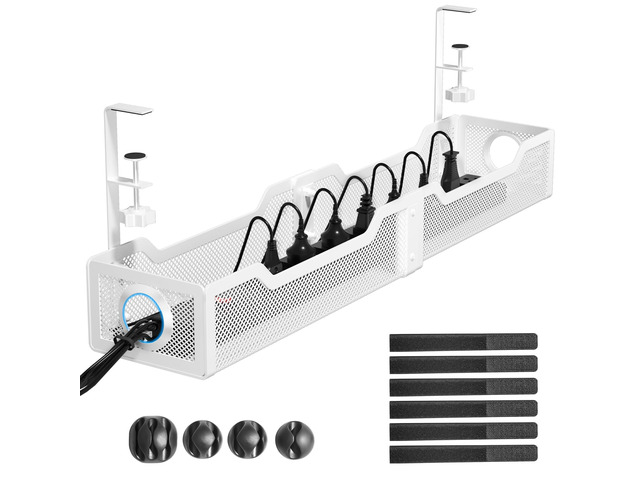 [Upgraded] 25' Extra Large Under Desk Cable Management, Wire Organizers No Drill, Cable Tray with Clamp for Wire Management, Cord Organization Box...