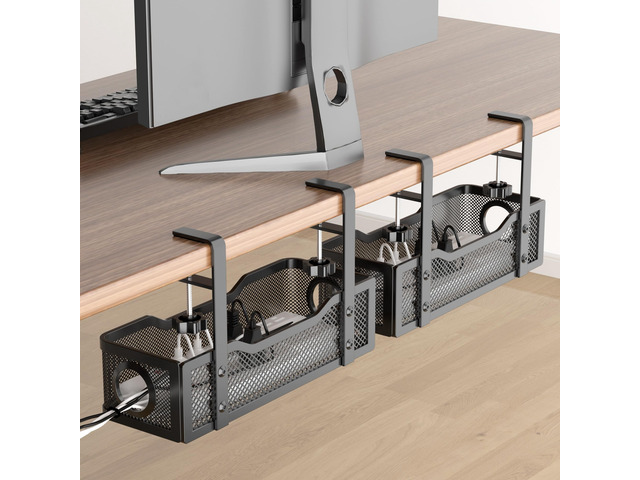 2 Pack Under Desk Cable Management Box Black, 26.8' Wire Organizers No Drill, Cord Organization Tray with Clamp for Office, Home - No Damage to Desk