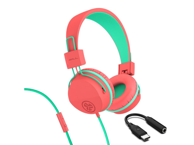 JBuddies Studio, Kids Wired on-Ear Headphones, Bundle with USB-C Adapter, Volume limiting, Foldable, Peach