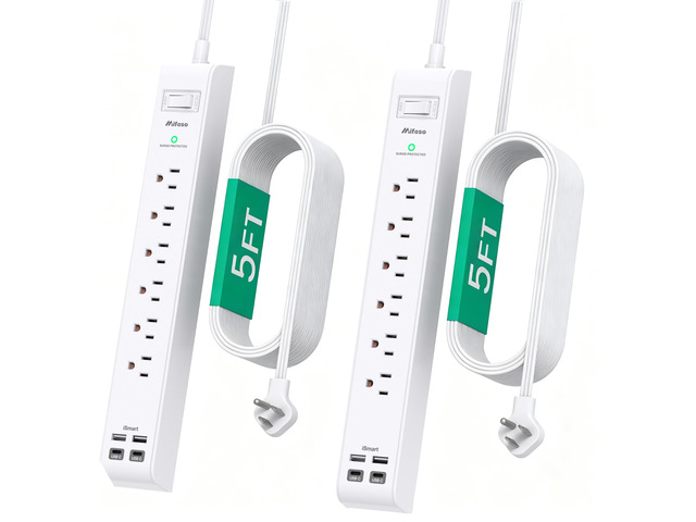 2 Pack Power Strip, Extension Cord 5FT, Surge Protector with 6 Outlets and 4 USB Ports (2 USB C), Flat Plug Overload Protection, Extension Cord...