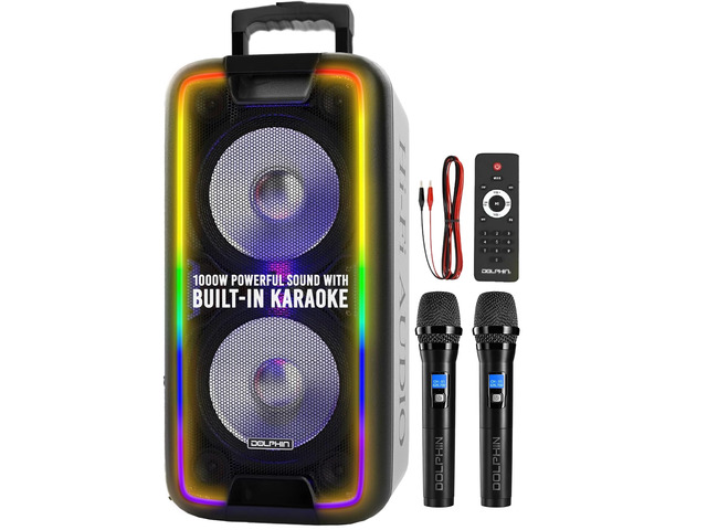 Bluetooth Party Speaker with 2 Wireless Mics, Dual 10' Woofers 1000W Output, SD/FM/USB/AUX/RCA, Guitar & Mic Inputs, Multicolor LED Lights,...