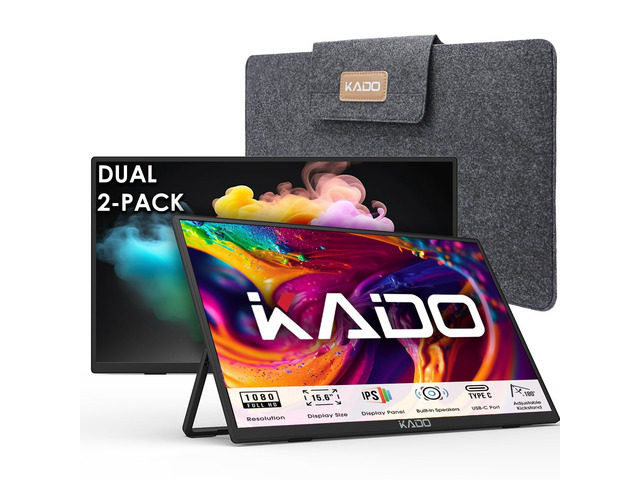 Dual Portable 2-Pack 15.6'' FHD 1080p Ultra-Slim Laptop Monitor 1920x1080 IPS Display with Built-in Speakers, 180° Kickstand Stacked Desktop Setup...