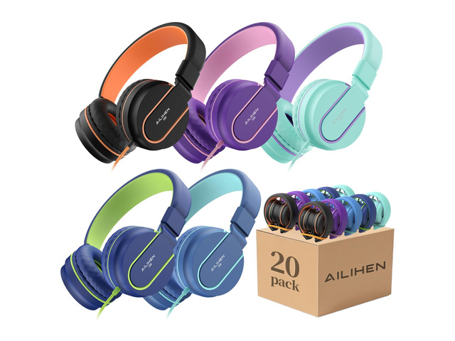 Classroom Headphones Kids Bulk 20-Pack with Mic for School, 93dB Volume Limited K-12 On-Ear Durable Wired Headset for Students Children, 3.5mm Jack...