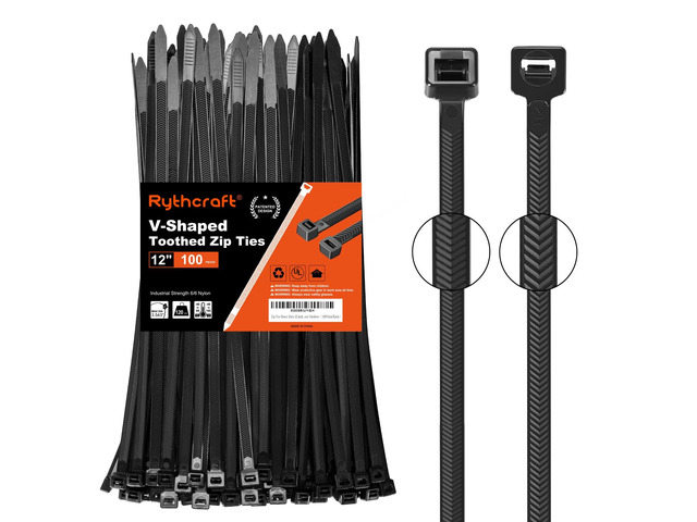 12' Black Zip Ties Heavy Duty, 120 LBS Test Cable Ties, 100 Pack V-Shaped Toothed Double Sided, Self-Locking,UV-Resistant,UL Listed,Durable Nylon...