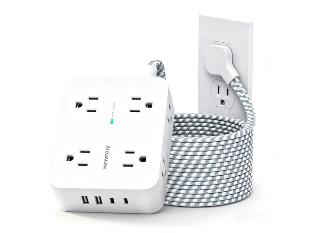 10 Ft Braided Extension Cord with Ultra-Thin Flat Plug, 8-Outlet 1080J Surge Protector Power Strip with 4 USB Ports (2 USB C), Ideal Wall Mount...
