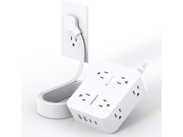 Extension Cord 10 Ft, Ultra Thin Flat Plug Power Strip Surge Protector 8 Outlets 4 USB Ports (2 USB C), Outlet Extender Desk Charging Station for...