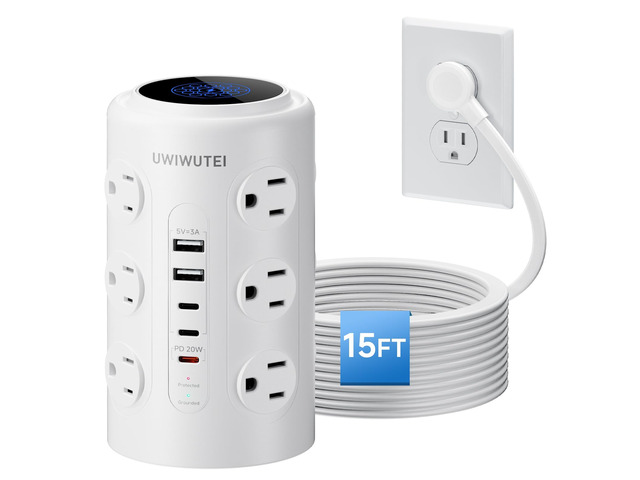 15FT Tower Power Strip with Dedicated 20W PD USB-C Port 12 WidelySpaced AC Outlets & 5 USB Ports, Flat Plug, Extension Cord, Desk Charging Station...