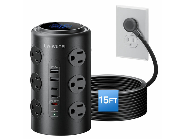 15FT Tower Power Strip with Dedicated 20W PD USB-C Port 12 WidelySpaced AC Outlets & 5 USB Ports, Flat Plug, Extension Cord, Desk Charging Station...
