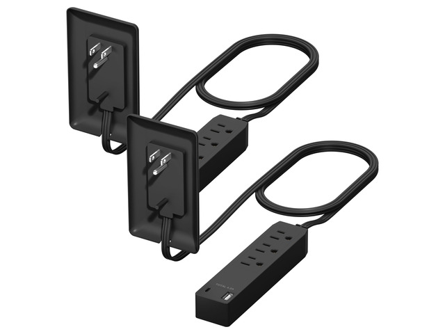 Outlet Extender with 3 Receptacles, 12W USB-A & USB-C, Flat-Face ETL Listed, 3ft Cord, 1625W, 2-Pack, Matte Black, 3-Outlet Power Strip, Wall Plate...