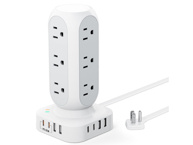 Flat Plug Power Strip Tower, 65W Max Charging Tower, 10FT