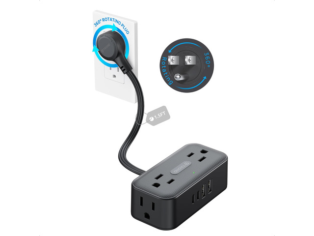 360° Rotating Flat Plug Power Strip 1.5ft, 4 Widely AC Outlets, Black Flat Extension Cord 4 USB Ports (2 USB C), 10A/1250W, Wall Mount, 900J Surge...