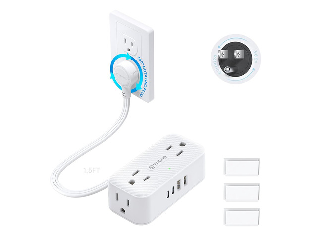 360° Rotating Flat Plug Short Extension Cord 1.5ft, 15A/1875W, White 4 AC & 4 USB, Low Profile Power Strip Mountable, 900J, Compact for Tight...