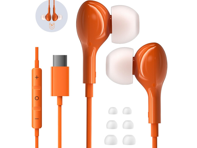 Wired Earbuds USB C for iPhone 17 Pro Max 15 16 iPad Air Pro 11/13 Orange in Ear Headphones Wired with Microphone Volume Control Type C Headphones...
